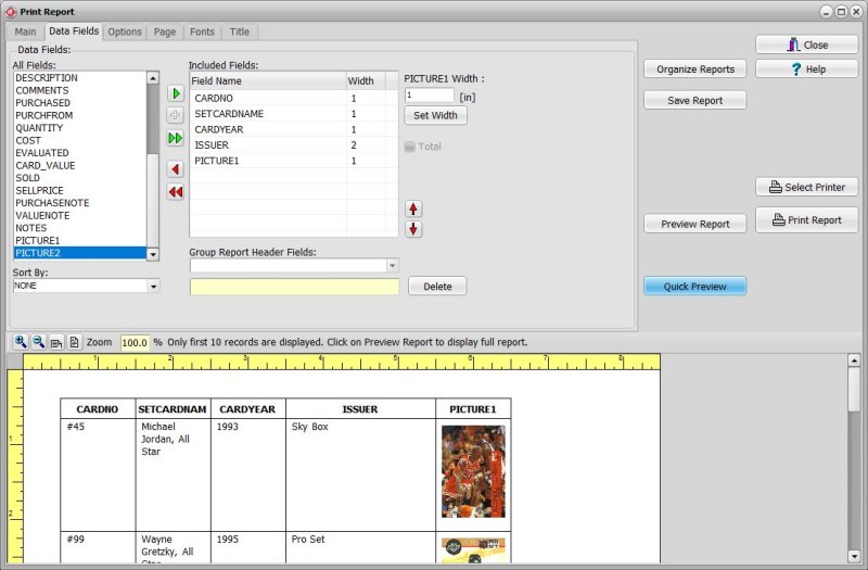 Sportscard Collecting Software for Windows PCs report designer